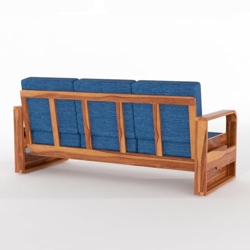 Image of Solid Sheesham Wooden 5 Seater Sofa Set for Living Room | Sofa Set with Side Pocket Storage & Cushion | Rosewood Sofa Set for Home (Honey with Blue Cushion, 5 Seater)