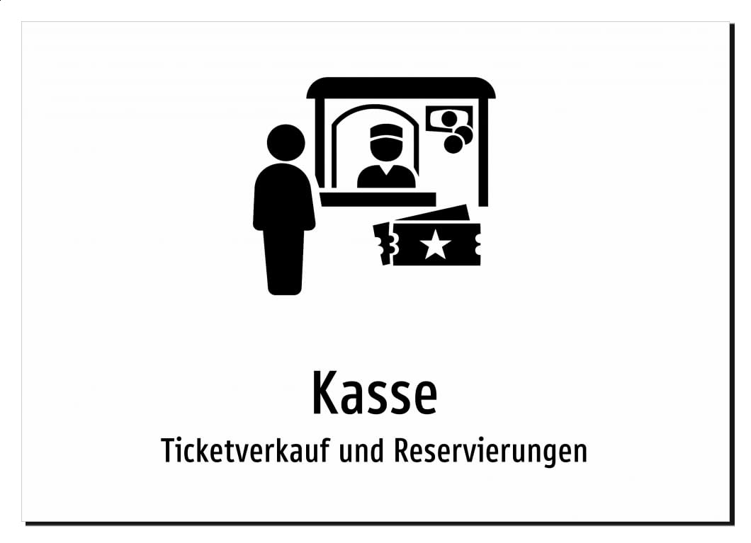 Kasse - Ticketverkauf und Reservierungen – Aufkleber A2: 594x420mm – Mit Grafik und Text