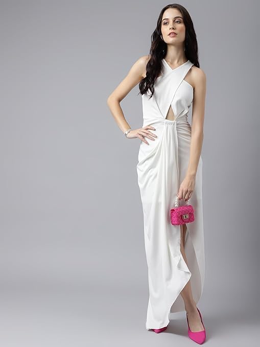 Image of Women's Elegant Draped Halter Neck Gown - Stylish Front Knot Cut-Out Evening Dress with High Slit - Outfit for Parties, Weddings & Special Occasions