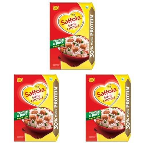 Image of Saffola Soya Chunks, Tender & Juicy, 53% Protein, 200gm (Pack of 3)