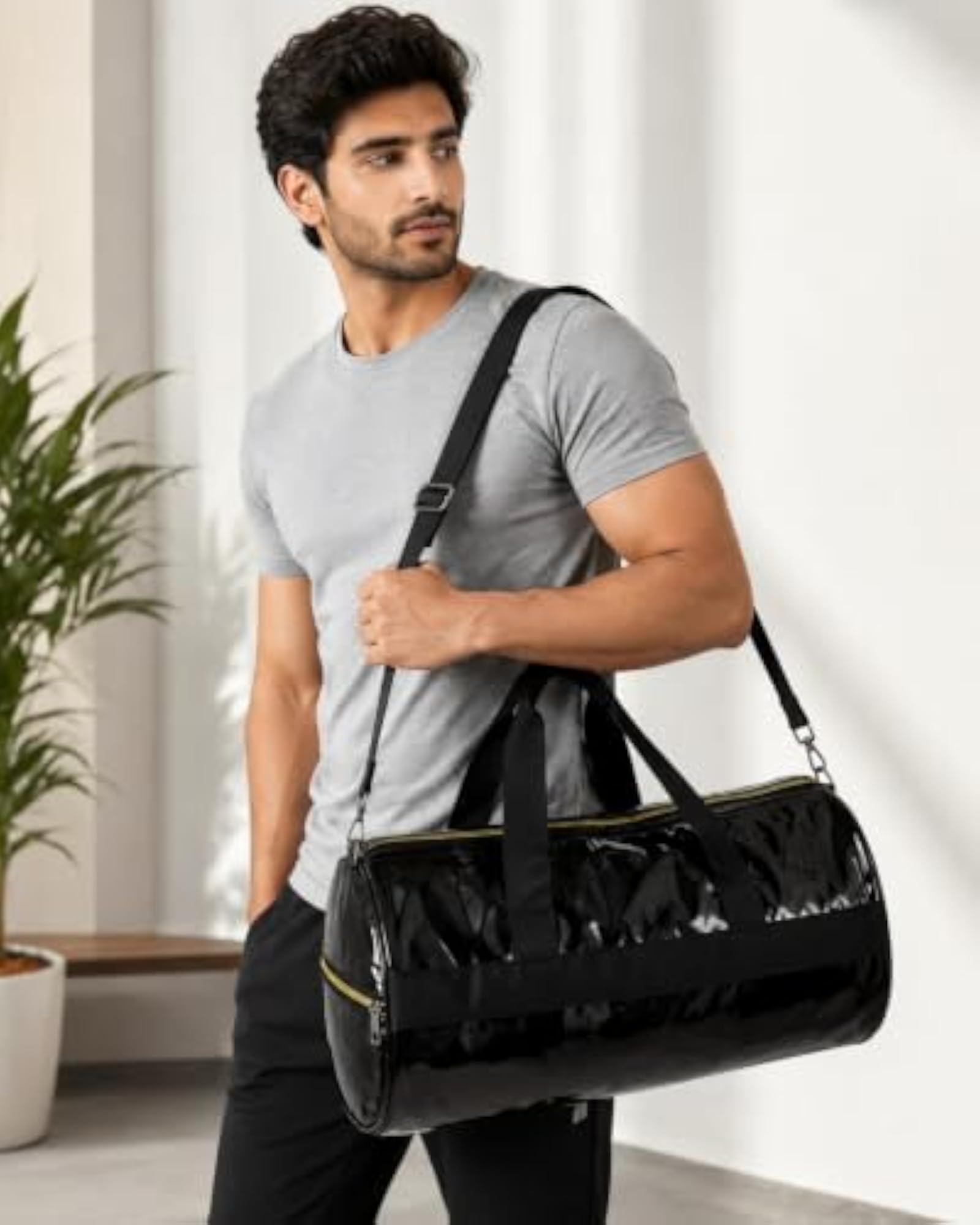 Black Patent Finish Duffle Bag with Adjustable Shoulder Strap