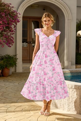 Image of GRACE KARIN Women's Summer Floral Maxi Dress 2026 Ruffle Sleeve Smocked Sundress Flowy Wedding Guest Long Dresses with Pocket