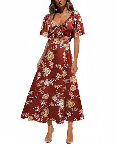 Image of Fashionme Womens Dresses 2026 Maxi Dresses Deep V Neck Elegant Bow Tie Front Cap Sleeve Summer Floral Satin Smocked Dress