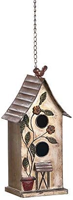 best metal birdhouses that will transform your outdoor space 5 Jemeni 15" H Distressed Metal Birdhouses for Outdoors Hanging, Bird House Decorative for Outside Garden Yard, Double Hole with Floral Accents…………