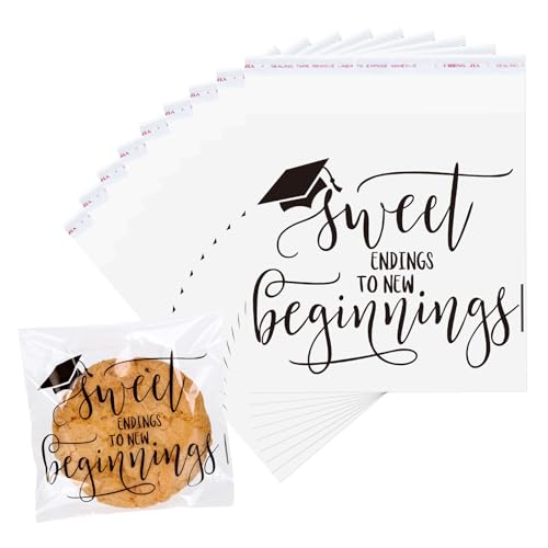 FYSUIMU 320 Pcs 2026 Graduation Cellophane Bag Sweet Endings to New Beginnings Self-Adhesive Treat Bags Clear Flat Candy Cookie Bags 4 x 4 Inch for Congrats Grad School Party Supplies
