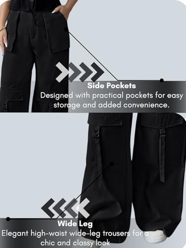 Image of Leriya Fashion Cargo Pants for Woman | Cargo Pants for Women Cotton Wide Leg Utility Fit Flap Pockets | Trousers Fors Women, Relaxed Fit Baggy Pant Airport Outfit for Womens Streetwear Attire