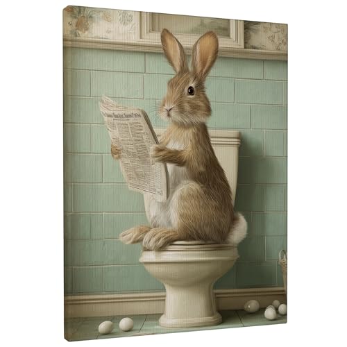 Fanciful Rabbit Canvas Wall Art, Green Bathroom Decor, Funny Animal