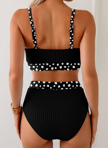 Image of Herseas Women's Textured Bikini Sets Floral Print Trim Scoop Neck Swimsuits High Waisted Bathing Suits