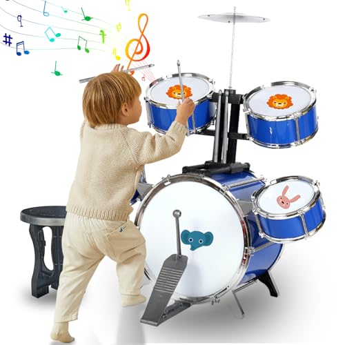 Chinliengu Schlagzeug-Set für Kinder - 5 Trommeln mit Hocker, Percussion-Musikinstrument, Geschenk für 3-8 Jährige, Blaues Jazz-Drum-Kit