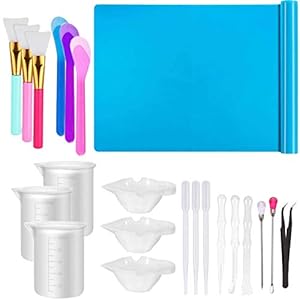 Resin Tools Set 22pcs, A3 Silicone Sheet with 100 ml Measuring Mixing Cups, Brushes Stir Sticks Spoons, Pipette for Epoxy Resin DIY Crafts Painting