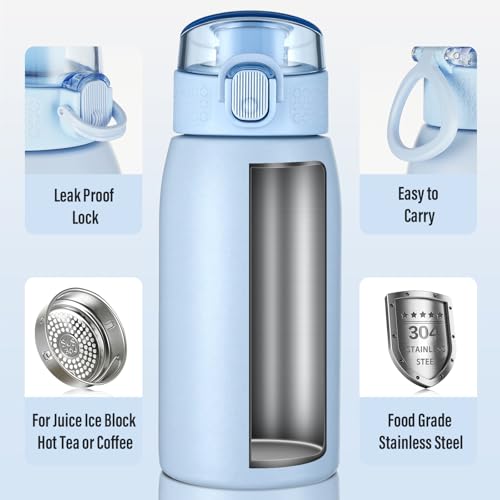Image of Insulated Water Bottle 12 oz with Dustproof Lid, Carry Handle & Tea Infuser, BPA-Free & Leakproof, Stainless Steel Water Bottles Ideal for Fitness, Hiking, Office & Outdoor Use (Light Blue )