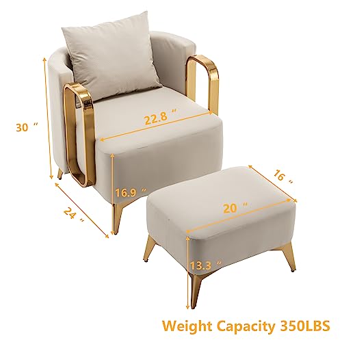 Andeworld Accent Chair with Ottoman, Upholstered Modern Faux Leather Single Sofa Side Chair,Comfy Barrel Club Living Room Armchair with Golden Metal Legs for Bedroom Living Reading Room Office, Beige