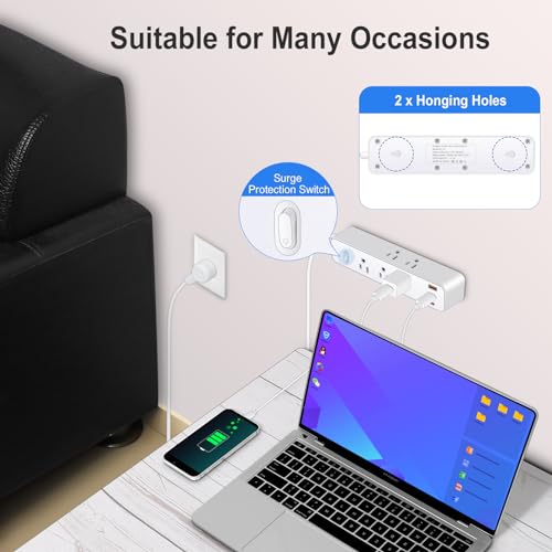 Power Strip Surge Protector, 12-in-1 Power Bar with Multiple Outlets, 9 Outlet 3 USB Ports, Flat Plug Power Strip Surge Protector, Multi Outlet Wall Plug for Travel, College, Dorm Room Essentials - Thumbnail 5