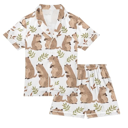 ALAZA Cute Capybara Leaf Animal Pajamas Satin Pajama Set Short Sleeve Button Down Sleepwear