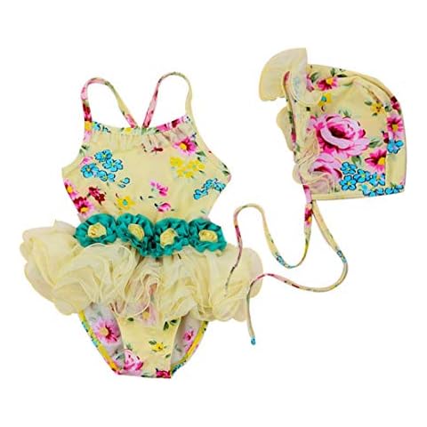 Dalary One Piece Cute Baby Girl Swimwear Chiffon Mini Dress Bathing Suits with Hat (US, Age, 6 Years, 7 Years, Yellow) Cover