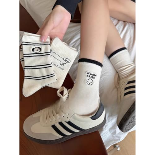 Girls Dog Embroidery Socks, Cotton Blend Crew Socks with Cute Cartoon Dog, Soft & Comfortable, Preppy Style, All Season4