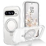 GUAGUA ぐーくるぴくせる10/10 Pro ケース ウェーブ 360°回転スタンド Magsafe対応 ワイヤレス充電 google pixel 10 ソフト うねうね 人気 韓国 耐衝撃 超軽量 薄型 おしゃれ 黄ばみなし pixel 10 Pro ケース 米軍規格 耐衝撃 マグセーフ リング マグネット搭載 pixel 10/10 Pro なみなみ カバー（白い）