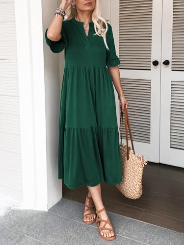 Image of Mieazom Short Sleeves Maxi Dress for Women A Line Summer Dress V Neck Casual Loose Tiered Long Dresses with Pockets