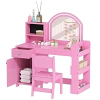 AIYAPLAY Kids Vanity Table and Chair Set, Girls Dressing Table with 2-Colour LED Mirror, Stool, Cabinet, Drawer, Bookshelf and Shelves for Ages 3-8 Years, Pink