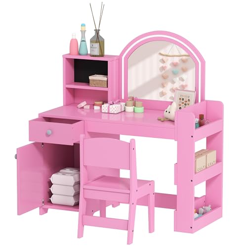AIYAPLAY Tocador infantil con taburete y espejo LED, tocador de madera para niña con cajón, armario, 2 compartimentos abiertos y 3 estantes, mesa de maquillaje para niños de 3 a 8 años, rosa