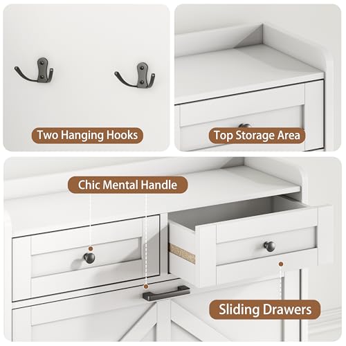 Image of Shoe Cabinet with 3 Flip Drawers & 2 Top Drawers, 57 inch Tall Freestanding Narrow Wooden Shoe Storage Organizer for Entryway, Hidden Slim Shoe Rack for Front Door Entrance, Hallway, Living Room, White