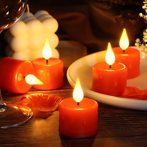 Image of Rechargeable Flameless Tea Lights with Charging Base and USB Cable, Remote Control and Timer, Realistic Flickering Warm White Light, 6 Pack Red LED Candles
