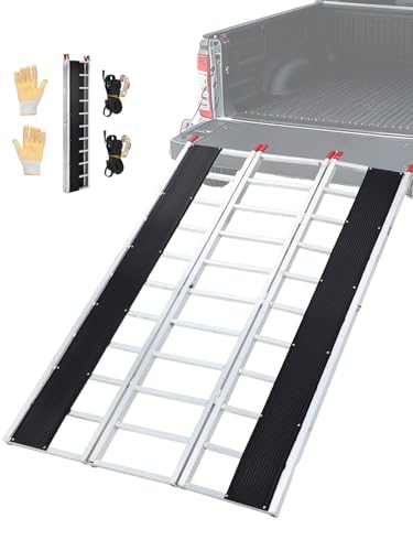Tri Fold Snowmobile Ramp for Truck 85x54 in 1500 LB Capacity Heavy Duty Aluminum Loading Ramp with Ski Tracks & Straps for Van Pickup Trailer