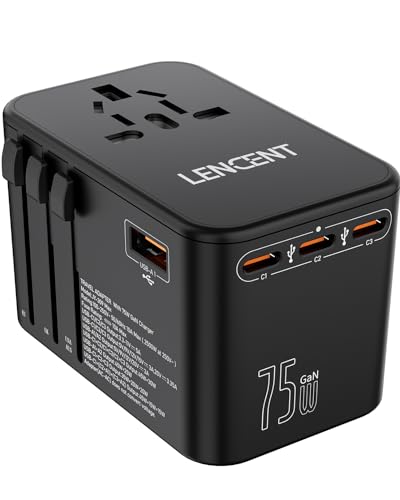 LENCENT 75W Universal Travel Adapter, GaN International Fast Charger with 3 PD3.0 Type C+2 QC USB A, Worldwide Power Adaptor for Phones,Laptops, All in One Travel Essentials for EU/USA/UK/AU
