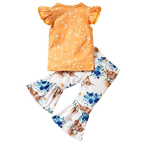 Lykmera Conjunto de roupas infantis com estampa de cabeça de vaca com mangas esvoaçantes, calça boca