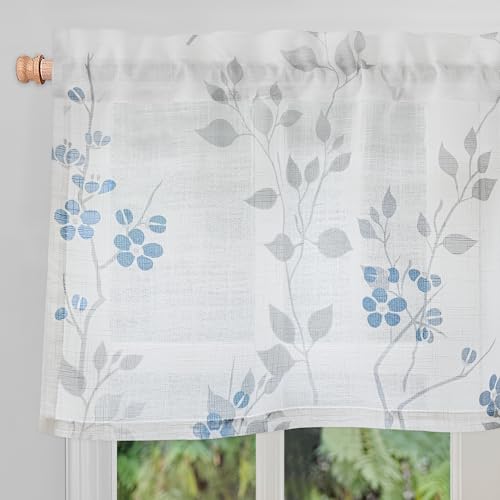 Image of Beauoop Linen Floral Semi Sheer Valance Curtains Kitchen Blue Grey 52x18x1