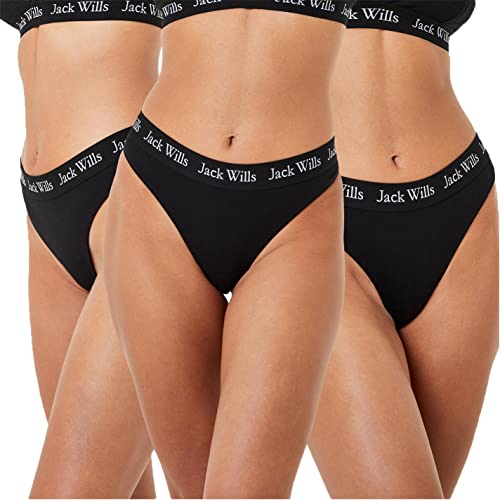 Image of Jack Wills Womens Deptford Multipack Thong 3 Pack Briefs Cotton Stretch Black 12 (M)
