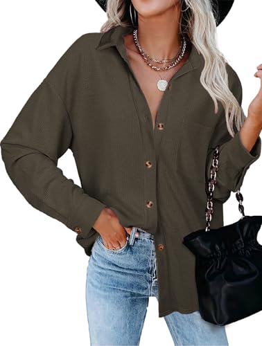 Tanmolo Bluse Damen Langarm Hemdjacke Elegant Hemdbluse Baumwolle Langarmshirt Blusen Waffelbluse Lässig Oberteile Tops mit Knöpfen Hemd