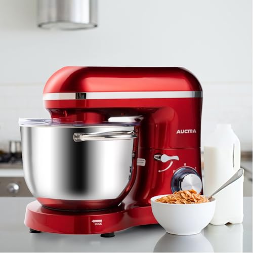 Image of Aucma Stand Mixer,6.5-QT 660W 6-Speed Tilt-Head Food Mixer, Kitchen Electric Mixer with Dough Hook, Wire Whip & Beater (Red, 6.5QT)