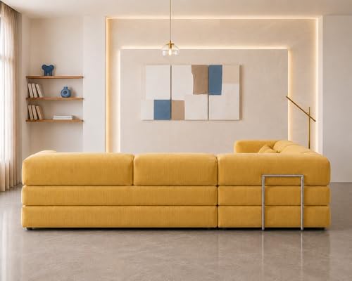 Image of Torque Vegas 5 Seater L Shape Sofa Cum Bed for Sleeping- Yellow | Suede Fabric 5 Seater Sectional 3-in-1 Sofa Bed | Corner L Shaped Sofa Set for Living Room Office
