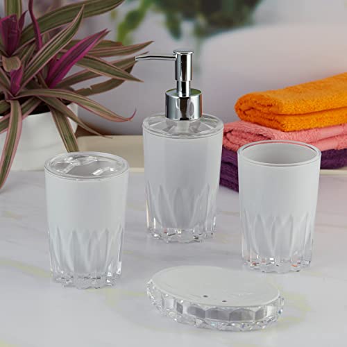 Image of Kookee Acrylic Bathroom Set - Stylish 4 Piece Bath Accessories Kit with Soap Dispenser, Toothbrush Holder, Tumbler & Soap Dish - Modern & Designer Decor for Home & Guest Bathrooms (8339)