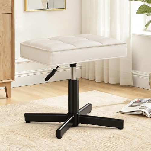 Image of LUE BONA Adjustable Vanity Stool, 15''-19.5'' Foot Rest Under Desk, 360 Swivel Vanity Chair for Makeup Room, Cream Upholstered Faux Leather Ottoman for Bathroom & Living Room, 300lbs