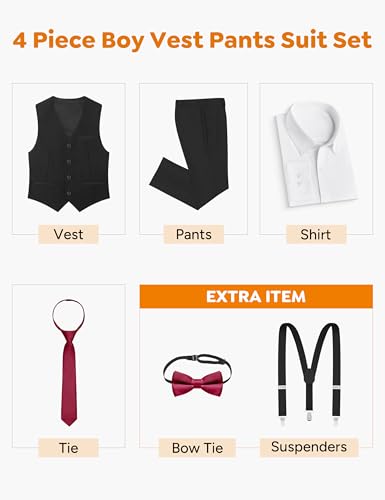 Image of Boys Husky Suit Vest 4 Pieces Kids Black Formal Vest and Pants Set for Wedding Ring Bearer, Easter, First Communion, Confirmation, Graduation (Size 12 Husky)