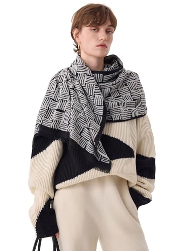ZHE JIN Luxurious Silk Scarf Shawl Wraps for Women, Warm Soft Scarves Winter Gift for Her, 100% Brushed Mulberry Silk, River Flow - Black Jacquard Reversible, 71"x24"