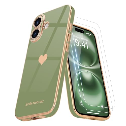 Teageo for iPhone 17 Case with Screen Protector [2 Pack] Girl Women Cute Girly Love-Heart Luxury Gold Soft Cover Camera Protection Silicone Shockproof Phone Case for iPhone 17, Light Green