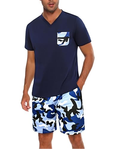 Marvmys Pijamas Hombre Verano Conjunto Algodón Cuello en V Manga Cortas Tops Pijama Pantalones Cortos Camuflaje con Bolsillo S-3XL