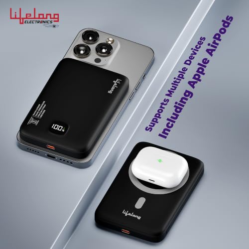 Image of Lifelong Electronics 10000mAh MagSafe Wireless Fast Charging Power Bank for iPhone, Apple AirPods and All Qi Enabled Phones & Devices | USB Type C Port | Small Pocket Size | Strong Magnet & Extra Ring