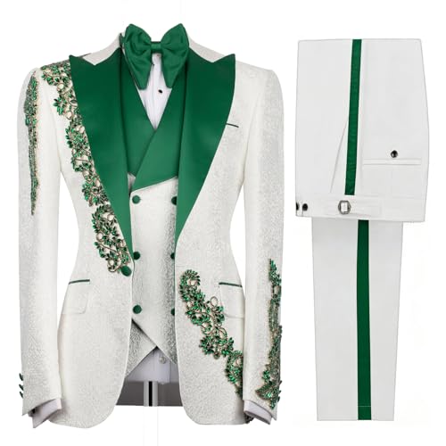 Manviss White Wedding Tuxedo for Men Regular Fit Crystal Rhinestone Embellished Peaked Lapel Blazer Jacket Vest Pants Set for Prom Party