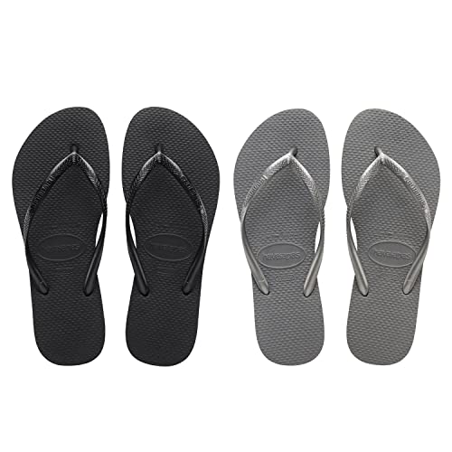 Image of Havaianas Women's Slim Flip Flops - Spring and Summer Pool Sandals for Women - Black /Steel Grey, 9 /10