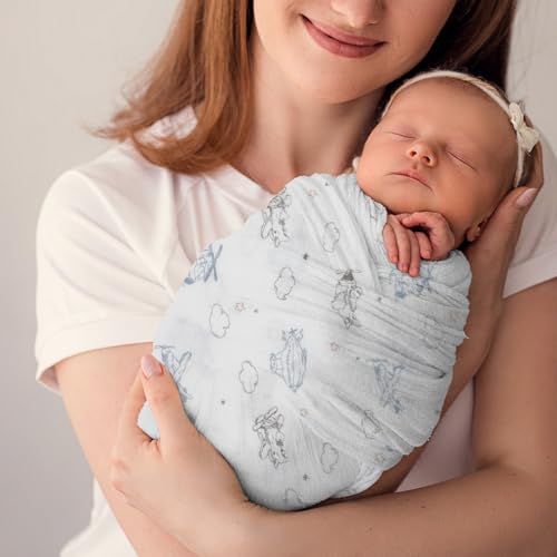 Image of Premium Soft Muslin Cotton Muslin Swaddle Blanket, Silky Baby Receiving Wrap for Newborns Unisex Design, Ideal for Boys and Girls 47x47 Inches (120x120cm) - Large and Comfortable (Airplane & Cloud)