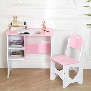 Kids Desk and Chair Set Children Study Desk with Storage Shelf Wooden School Study Table Writing Table for Home School UsePink White