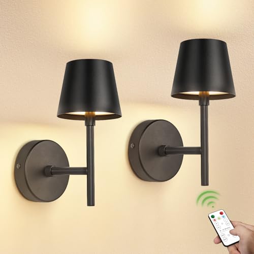 Kimjo 5200mAh Matte Black Rechargeable Wall Light Indoor, Wireless Battery Operated Wall Lights Set of 2, Dimmable Wall Lamps & Sconces, Stick on Wall Lights for Living Room Bedroom Corridor
