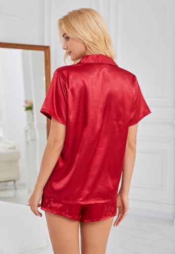 Image of Satin Pajamas for Women Solid Color, Silky PJs Set with Notch Neck & Adjustable Drawstring Shorts