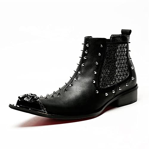 Men Patch Work Two Tones Band Rivets Studs Decortaion Metal Pointed Toe Genuine Leather Punk Boots for Men Men's Leather Shoes