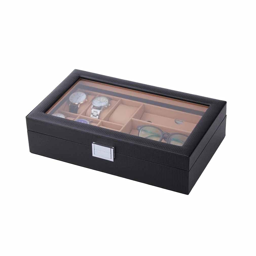 XBTGS Caja de reloj de fibra de carbono y poliuretano de 6/8 rejillas, organizador de gafas de sol, colección de joyas, soporte de exhibición portátil,