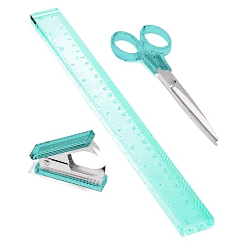 OfficeGoods 3 Piece Acrylic Desk Set - Includes Ruler, Staple Remover, Scissors - Functional & Elegant Desk Accessories - Stationery Tools for Home, Office, and School - Green with Silver Metal